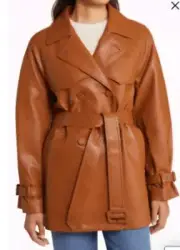 BCBG Double Breasted Faux Leather Trench Coat In Camel XL NWT