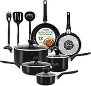 NutriChef 13-Piece Nonstick Cookware PTFE/PFOA/PFOS Free Heat Resistant Kitchen Ware Set w/Saucepan, Frying Pans, Cooking Pots, Casserole, Lids, Ladle, Fork, Strainer NCCWA13, Black
