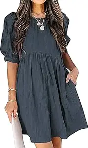 [Generic] Women's Puff Short Sleeve Babydoll Dresses Elegant Empire Waist Mini Dress Solid Crew Neck Dress with Pockets