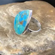 Blue Kingman Turquoise Navajo Sterling Silver Ring Size 8 Adjustable 12792