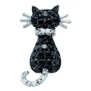 14k White Gold Black Diamond Kitty Cat Animal Pendant 1/3 Cttw