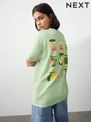 Lime Green Oversized Washed Pickle Jars Food Graphic Print Short Sleeve Crew Neck T-Shirt (W56833) | $45