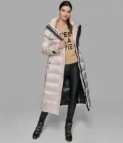 NEW Karl Lagerfeld Paris Contrast Maxi Belted Long PUFFER COAT Champagne