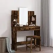 Vanity Dressing Table with Mirror, Smoked Oak Finish, Engineered Wood Makeup Desk with 2 Drawers, 4 Shelves for Ample Storage, 96x39x142 cm for Bedroom Decór