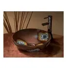 GMT 16-1/2" Diameter Round Wash Basin TW0107 Brown Base with Blue Flowers NEW
