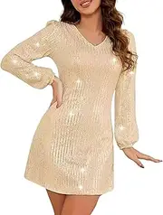 [Generic] Women Sparkly Sequin Party Dresses V Neck Long Sleeve Homecoming Dresses Mini Dresses Glitter Prom Dress Cocktail Gowns