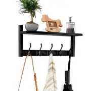 Coat Rack Wall Mount With Shelf, 17IN Wooden Hanger, 5 Metal Hooks, Hanging S...