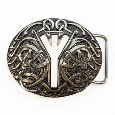 Runic german silver belt buckle Algiz, Life Rune Celtic Old Norse Scandinavian