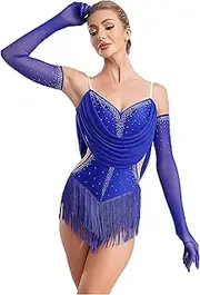[Loodgao] Women Tassel Jazz Latin Dance Dress Glittery Cutout Leotard Bodysuit Salsa Cha-Cha Rumba Performance