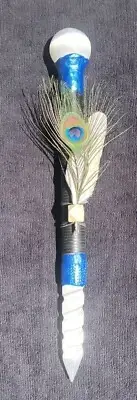 Healing Wand Handmade Copper And Selenite,Peacock Eye Feather,Infused with Reiki