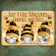 Gnome Bee Sign Just a Girl Loves metal tin handmade wall art home decor gift