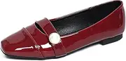 [qibusleen] Square Cap Toe Ballet Flats for Women Sexy Wine Red Dress Flat with Pearl Strap Women's Slip On Patent Leather Flats Ballerinas Shoes, Burgundy, 11 AU
