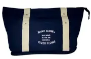 (NU) DINIWELL Canvas WIND BLOWS RIVER FLOWS Navy Blue TOTE BAG TRAVEL COSMETICS