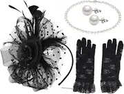 [SAFIGLE] 1 Set Fascinator Hat Veil Headband with Pearl Necklace and Earrings Lace Gloves for Women Elegant Tea Party and Wedding Accessory Set for Bridal Showers and Dress Up Events