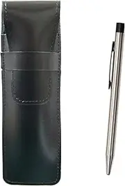 Slim Cowhide Leather Pen Case Black Economy Stainless Steel Retractable Ballpoint Pen Set T23-ASB-E402