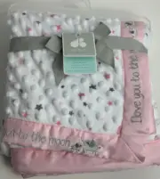 NWT Just Born I Love You To The Moon Pink White Elephant Star Satin Baby Blanket
