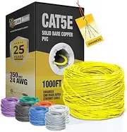 Cat5e Ethernet Cable 1000FT Pull-Box, 24AWG, CMR Insulated Solid Bare Copper Internet Cable 350 MHz, Provides High-Speed 1-5Gbps, UTP Bulk Ethernet Riser Wire with Smooth Fast Reel, Yellow