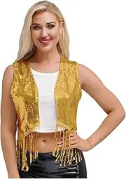 [FEESHOW] Women Sequin Vest Sleeveless Crop Top with Tassels Open Front Gilet Hippie Disco Dance Jacket Carnival Fancy Party