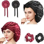 Romon Satin Bonnet Sleep Cap, Pack of 2, Silk Sleep Cap for Night with 2 Elastic Bands, Hair Cap, Sleep Silk Bonnet Sleep Cap, Adjustable Sleeping Cap, Headwear, Soft Head Cap for Women and Girls
