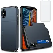 Asuwish Phone Case for iPhone Xs Max with Tempered Glass Screen Protector and Credit Card Holder Wallet Cover Hard Hybrid Cell Accessories i X XR Xsmax 10x SX Xmax 10xs 10s 10 Plus Xmaxs Men NavyBlue