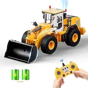 SHOMOTE RC Bulldozer Toy for Boys - 2.4Ghz Remote Control Construction Vehicle, 9-Channel with Bucket Pushing, Lighting, Spray, Sound Effects, 2x600mAh, Track Type Tractor Toys for Boys 3-12