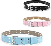 [AsggBah] 3pcs PU Leather Belts Double Studded Holes Belts Punk Belts for Kids Young Girls Pupils Jeans Pants Shorts (Pink+Blue+Black), Multi, Regular