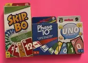 3 MATTEL Family Card Games - Uno ~ Skip & Phase 10. 3 Great Games. Brand New!