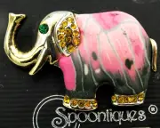 VTG SPOONTIQUES metal PIN ART CRYSTAL ELEPHANT Brooch pink green gray gold tone