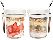 ALINK 2 Pack Overnight Oats Jars, Overnight Oats Container with Lid and Spoon, 10 oz Cereal, Milk, Vegetable and Fruit Salad Storage Container with Measurement Marks (White)