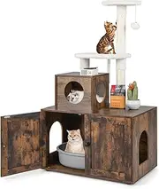 Cat Litter Box Enclosure with Cat Tree Tower,All-in-1 Wooden Cat House w/Sisal Scratching Post,Condo,Jingling Ball, Hidden Cat Washroom w/Divider,Cat Activity Center Cabinet Furniture (Coffee)