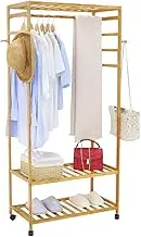 UNHO Open Wardrobe with Shelves, Bamboo Coat Rack Stand Clothes Hanging Rail Rolling Clothes Rack with Shelves Storage Organiser 78 x 41 x 169cm