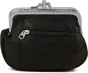 [LB LEATHERBOSS] Women's Leather Metal Frame Double Clasp Zipper Coin Purse 5 1/4" x 3 1/4"
