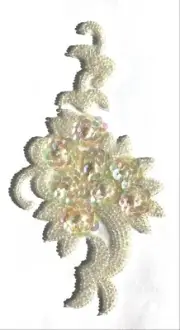 White Floral & Leaves Beaded Sequined Sew-On Applique Craft Patch Vintage 1980's