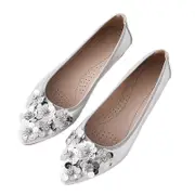 Nevenka Women Flat Shoes Flower Rhinestone Sparkly Slip Ons Shoes-Silver1