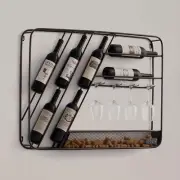 Vintage-Inspired Decorative Metal Wall-Mounted Wine Rack with Cork and Wine Glas