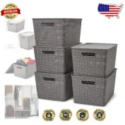 Durable Woven Storage Bins - Set of 5 Stackable 21 Quart Containers with Lid