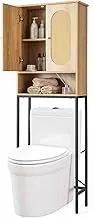 Costway Freestanding Toilet Storage Cabinet, 175 cm Over The Toilet Storage Cabinet w/Rattan Doors, 5 Compartments & Adjustable Foot Pads, Farmhouse Storage Cabinet for Bathroom & Laundry Room