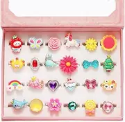PinkSheep Little Girl Jewel Rings in Box, Adjustable, No Duplication, Girl Pretend Play and Dress Up Rings (24 Lovely Ring), Silicone, No Gemstone