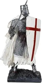 [Ebros Gift] Templar White Cloak Caped Medieval Crusader Swordsman Knight with Large Shield at Battle Figurine 7.5" H Medieval Royal Suit of Armor Knight of The Cross Resin Collectible