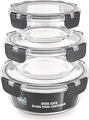 Igluu Meal Prep - Set of 3 Stackable Glass Round Containers - Lunch Box for Food Storage, Freezer, Microwave & Oven - Dishwasher-Safe, BPA-Free - Airtight SnapLock Lids (Different Sizes)