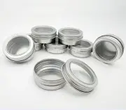 24 Tins 2oz Silver Aluminum Round Metal Tin Container Clear Window Screw Lid