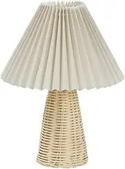 Rattan Table Lamp, Small Pleated Table Lamp Vintage Bedside Lamps with Rattan Base, Bedside Nightstand Lamp for Bedroom Living Room Office