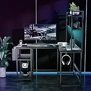 Levede L Shaped Computer Desk,Corner Gaming Desks with Storage Shelf,Metal Frame Table with LED Lights/Power Outlets,Modern Home Office Table,Writing Workstation for Living Room(124 x90 x152cm,Black)