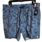 Volcom Mens Blue Leaf Print Shorts XXL Elastic Waist Pockets