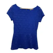 Banana Republic Top Womens Size 6 Blue Crochet Mesh Knit Peplum Short Sleeve NWT