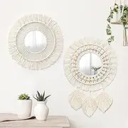 [Dremisland] Hanging Wall Mirror-Boho Macrame Fringe Round Decorative Mirror with Wood Beads Feather Pendant，Art Ornament for Apartment Home Bedroom Living Room