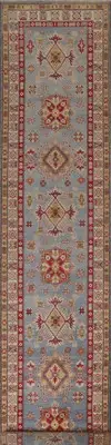 Handmade Traditional Wool Carpet Light Blue Kazak Runner Rug 3x17 Ft Oriental