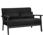 ALFORDSON Wooden Armchair 2-Seater with Linen Fabric Upholstery Cushion & Pillow, Accent Chair with Solid Wood Frame Armrest, Lounge Sofa for Reading Bedroom Living Room, 280KG Max, Ulla All Black