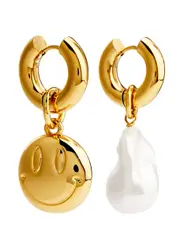 Timeless Pearly Smiles Asymmetric 24kt Gold-plated Hoop Earrings ONE SIZE