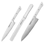 Samura HARAKIRI Set of 3 Kitchen Knives with White Handle: Utility Knife Two-sided saw Knife for bread and frozen food Chef's Knife